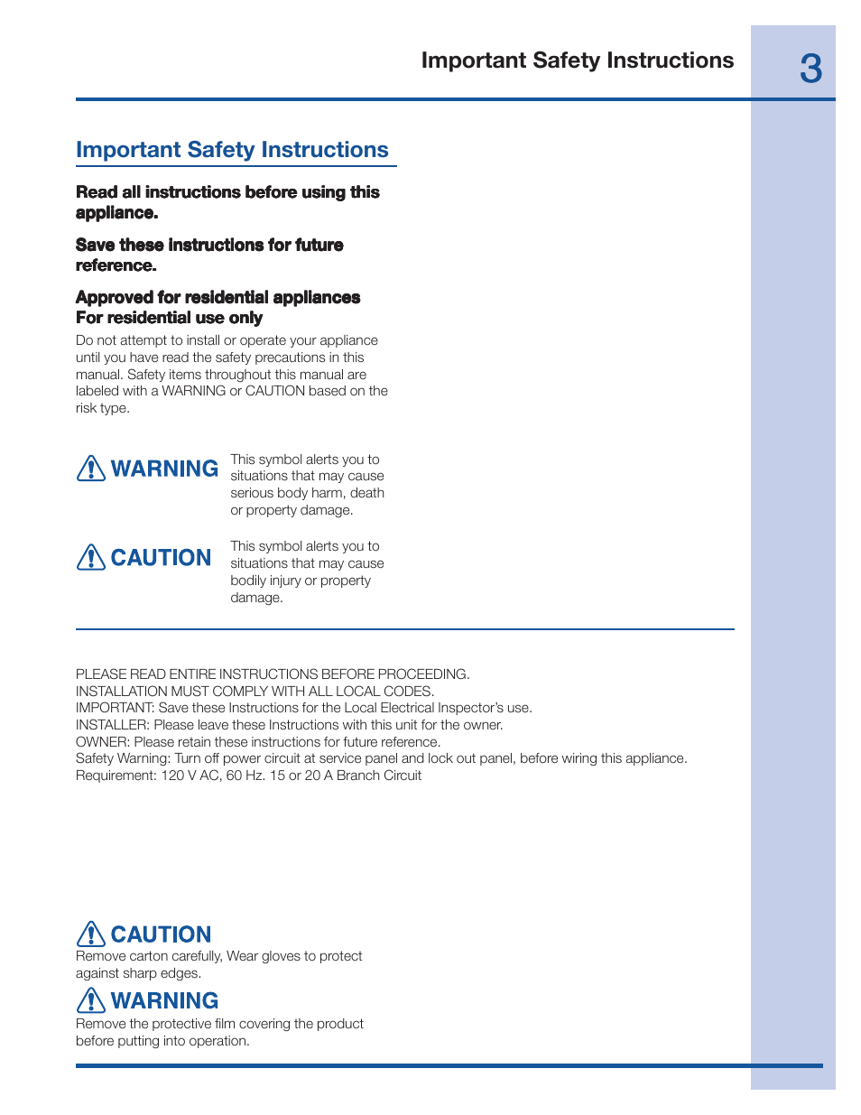 Important safety instructions | Electrolux 316488521 User Manual | Page 3 / 19