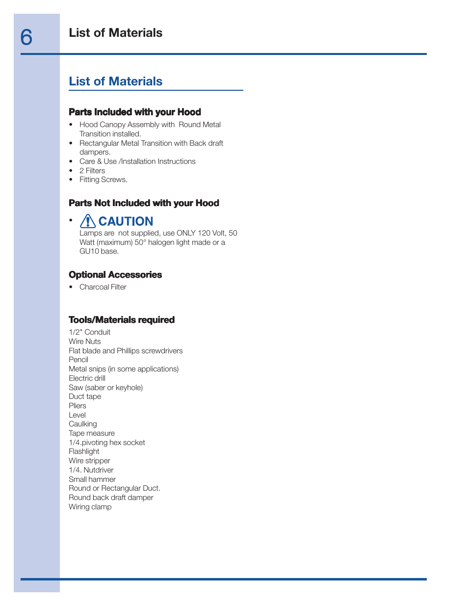 List of materials | Electrolux 316488521 User Manual | Page 6 / 19