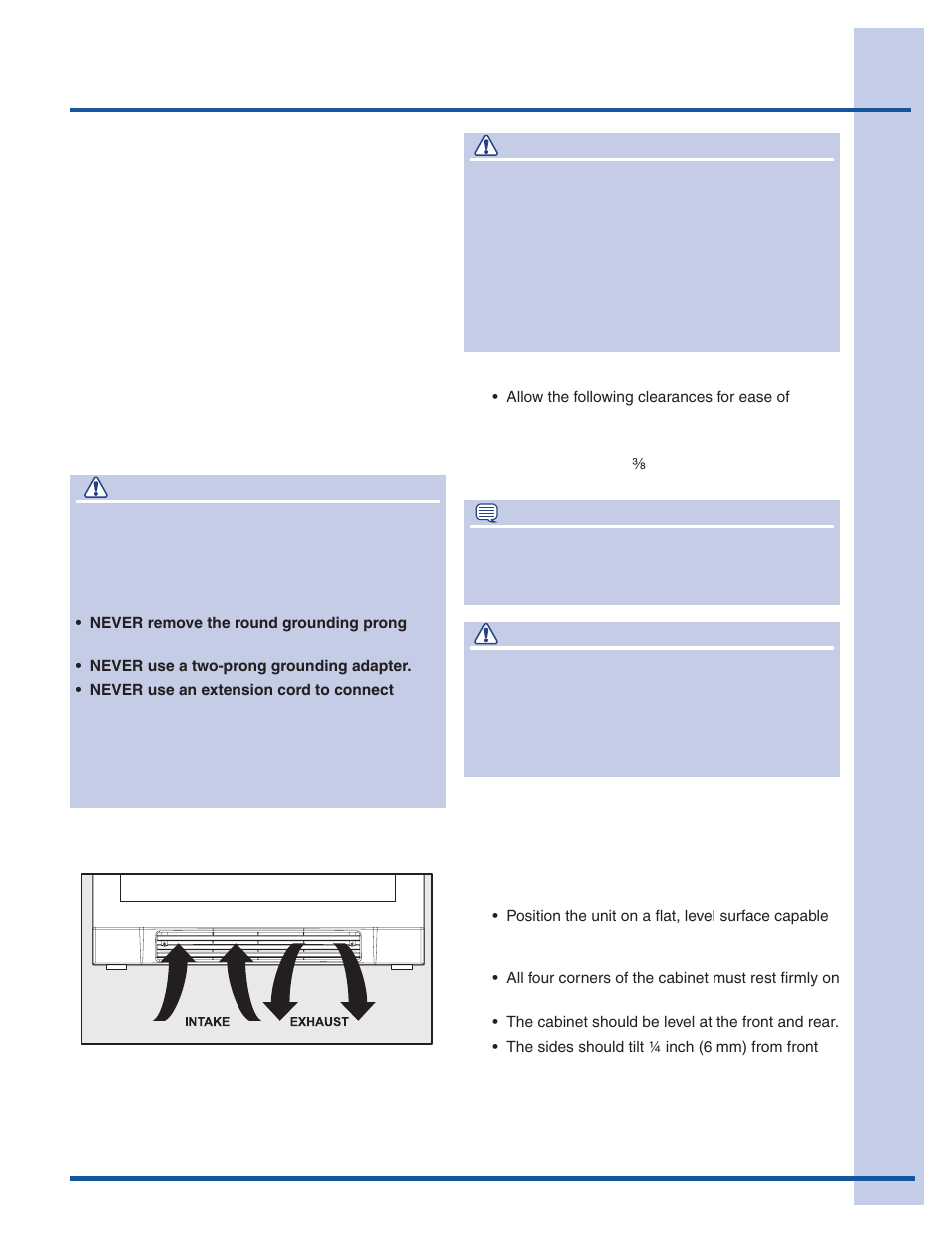 Installation, Warning, Site preparation | Caution, Leveling the unit | Electrolux EI24WC75HS User Manual | Page 5 / 13