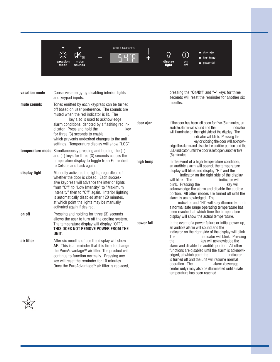 Operation, Alarms, Description of features | Sabbath mode | Electrolux EI24WC75HS User Manual | Page 9 / 13