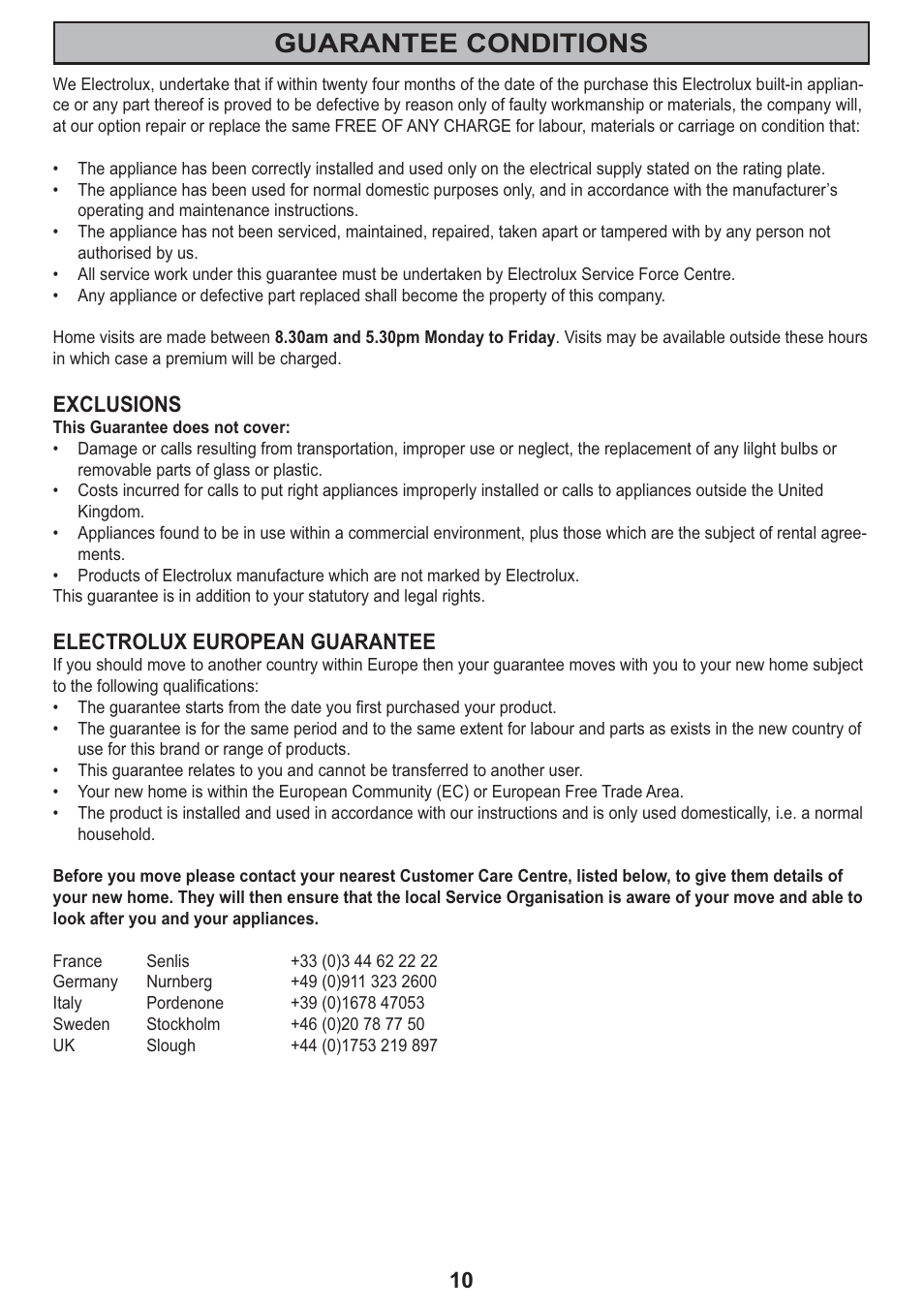 Guarantee conditions | Electrolux CH 910 User Manual | Page 10 / 20