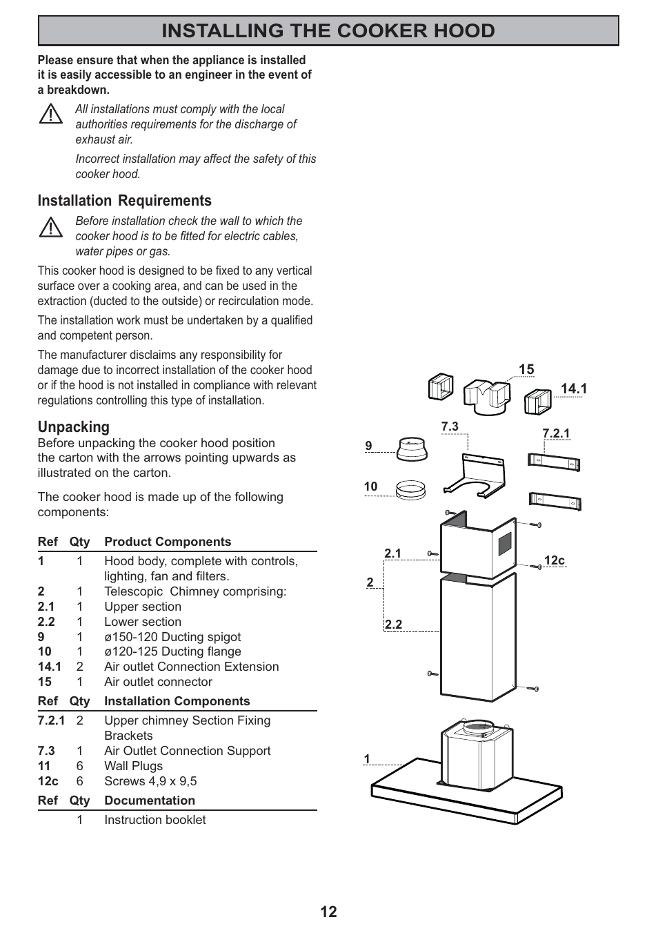 Installing the cooker hood, Installation requirements, Unpacking | Electrolux CH 910 User Manual | Page 12 / 20