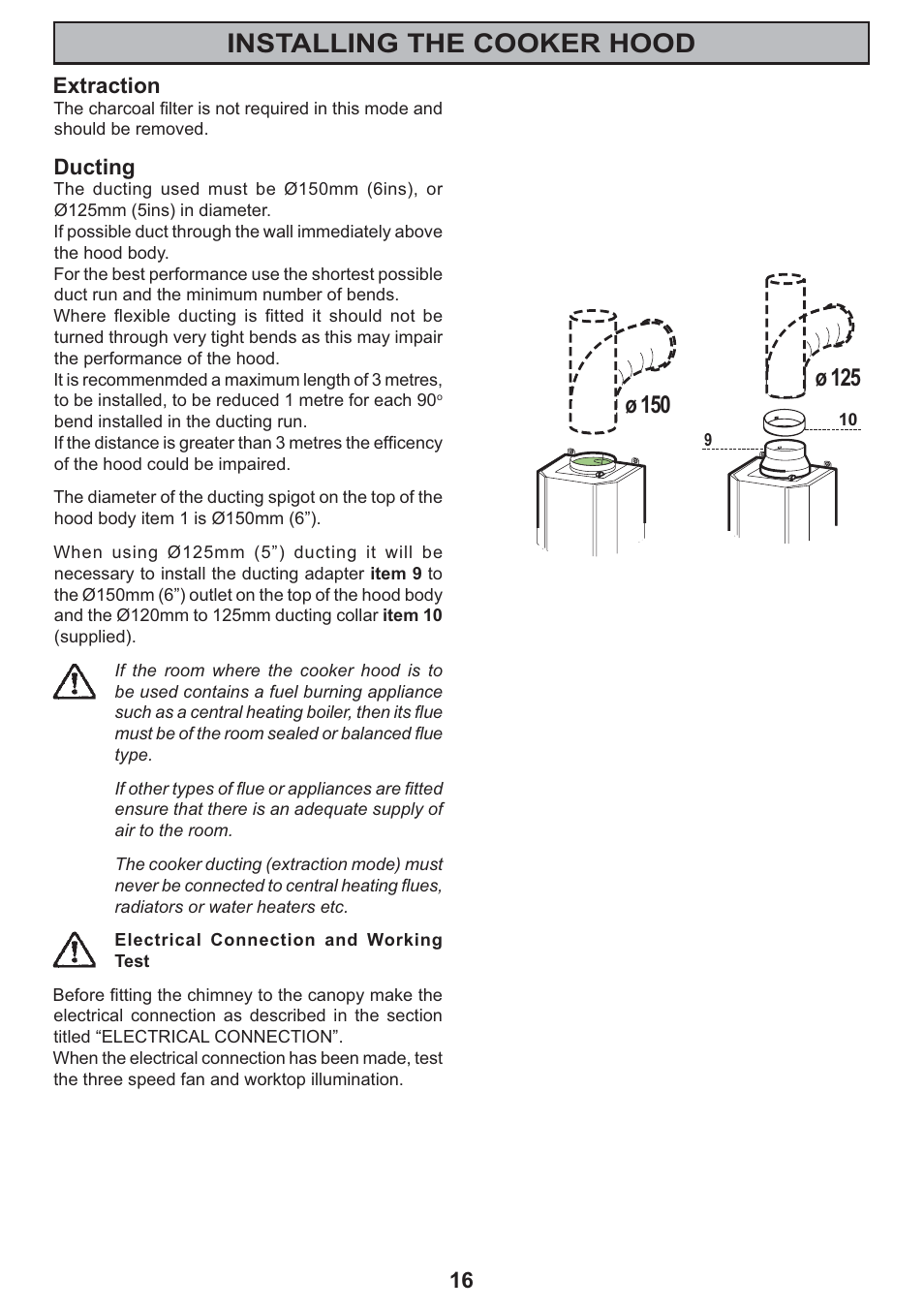 Installing the cooker hood | Electrolux CH 910 User Manual | Page 16 / 20