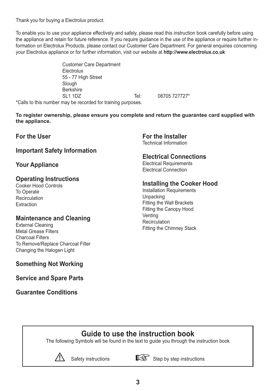 Guide to use the instruction book | Electrolux CH 910 User Manual | Page 3 / 20
