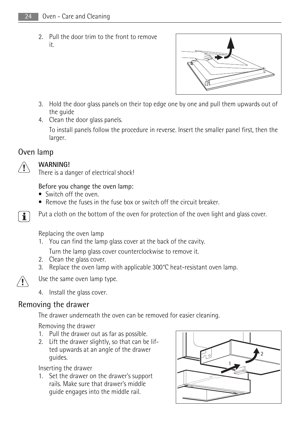 Oven lamp, Removing the drawer | Electrolux 40036VI-WN User Manual | Page 24 / 32