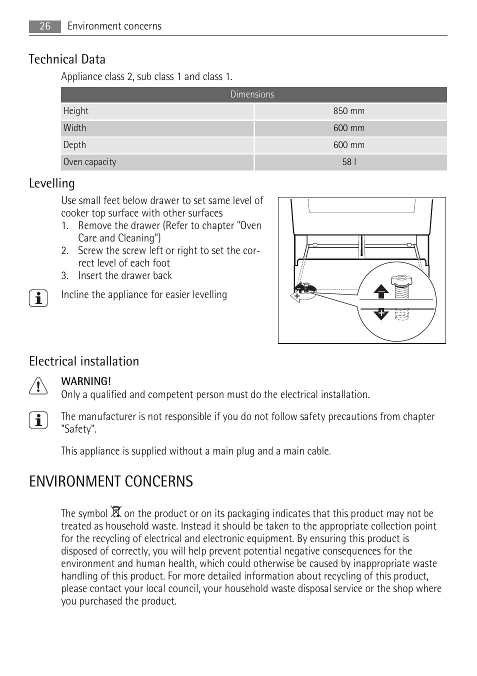 Environment concerns, Technical data, Levelling | Electrical installation | Electrolux 40036VI-WN User Manual | Page 26 / 32