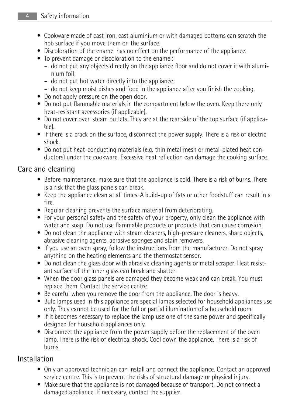 Care and cleaning, Installation | Electrolux 40036VI-WN User Manual | Page 4 / 32