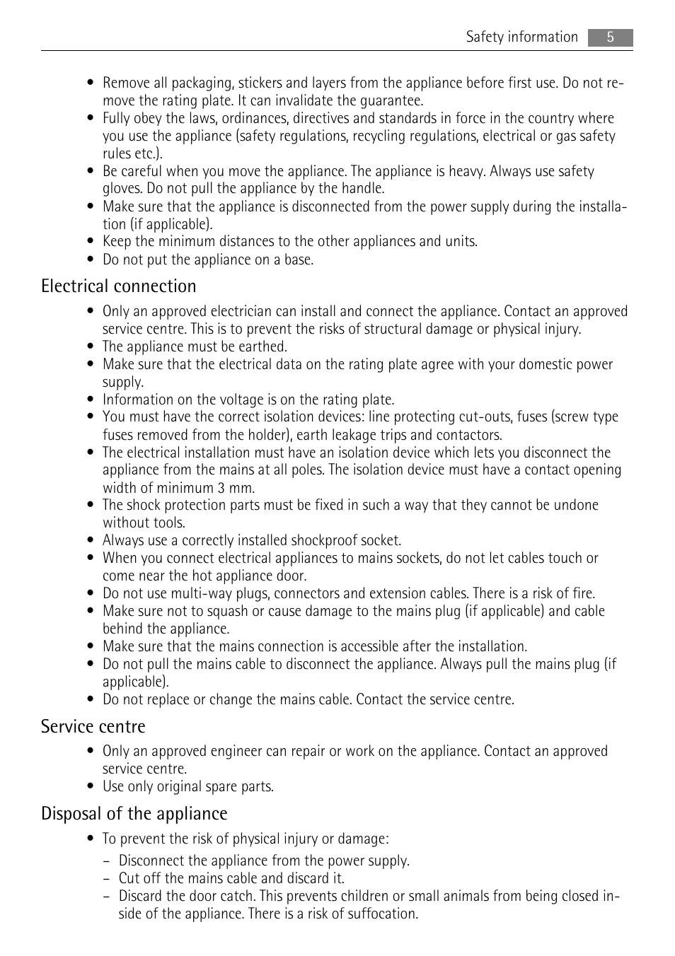 Electrical connection, Service centre, Disposal of the appliance | Electrolux 40036VI-WN User Manual | Page 5 / 32