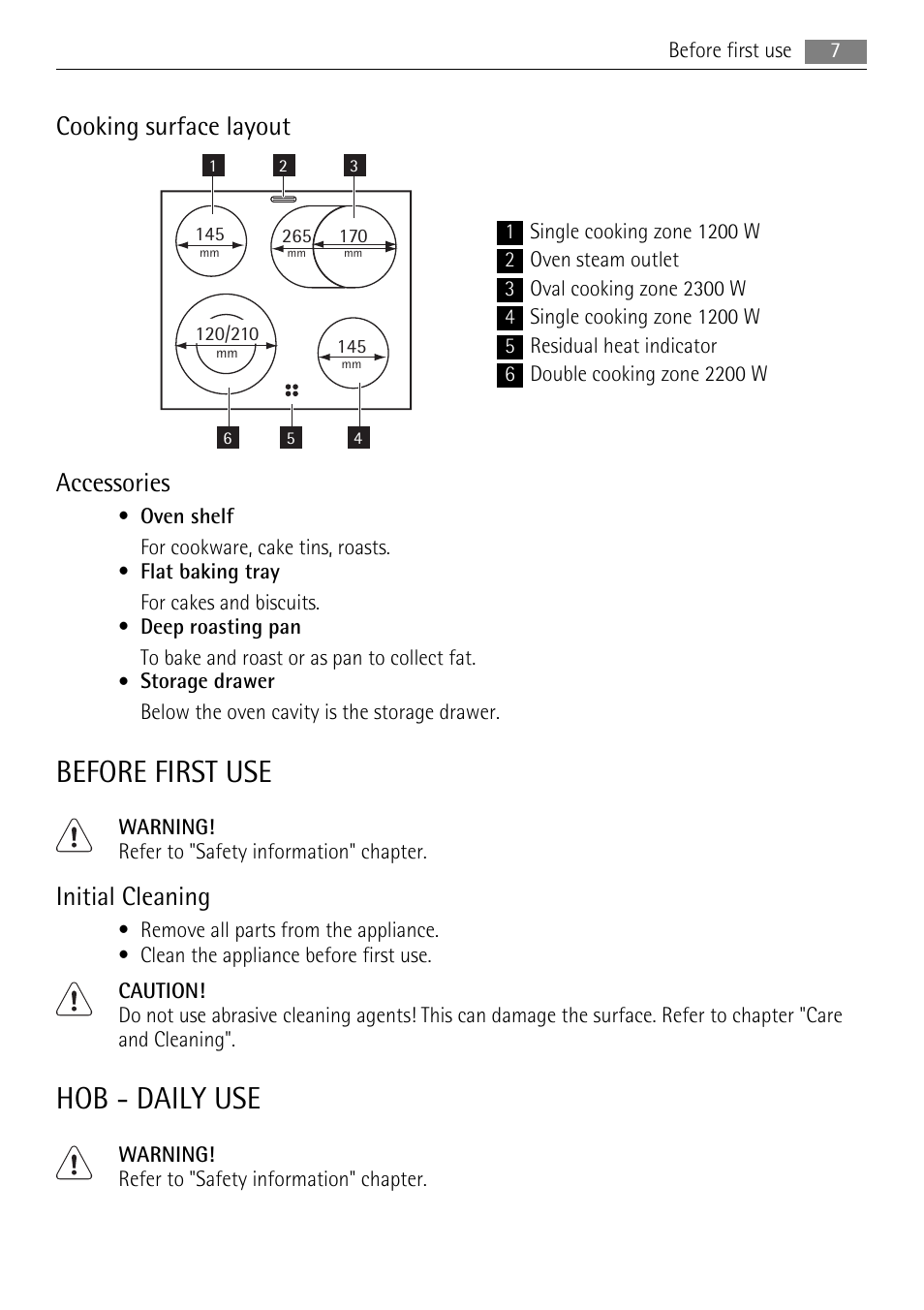 Before first use, Hob - daily use, Cooking surface layout | Accessories, Initial cleaning | Electrolux 40036VI-WN User Manual | Page 7 / 32