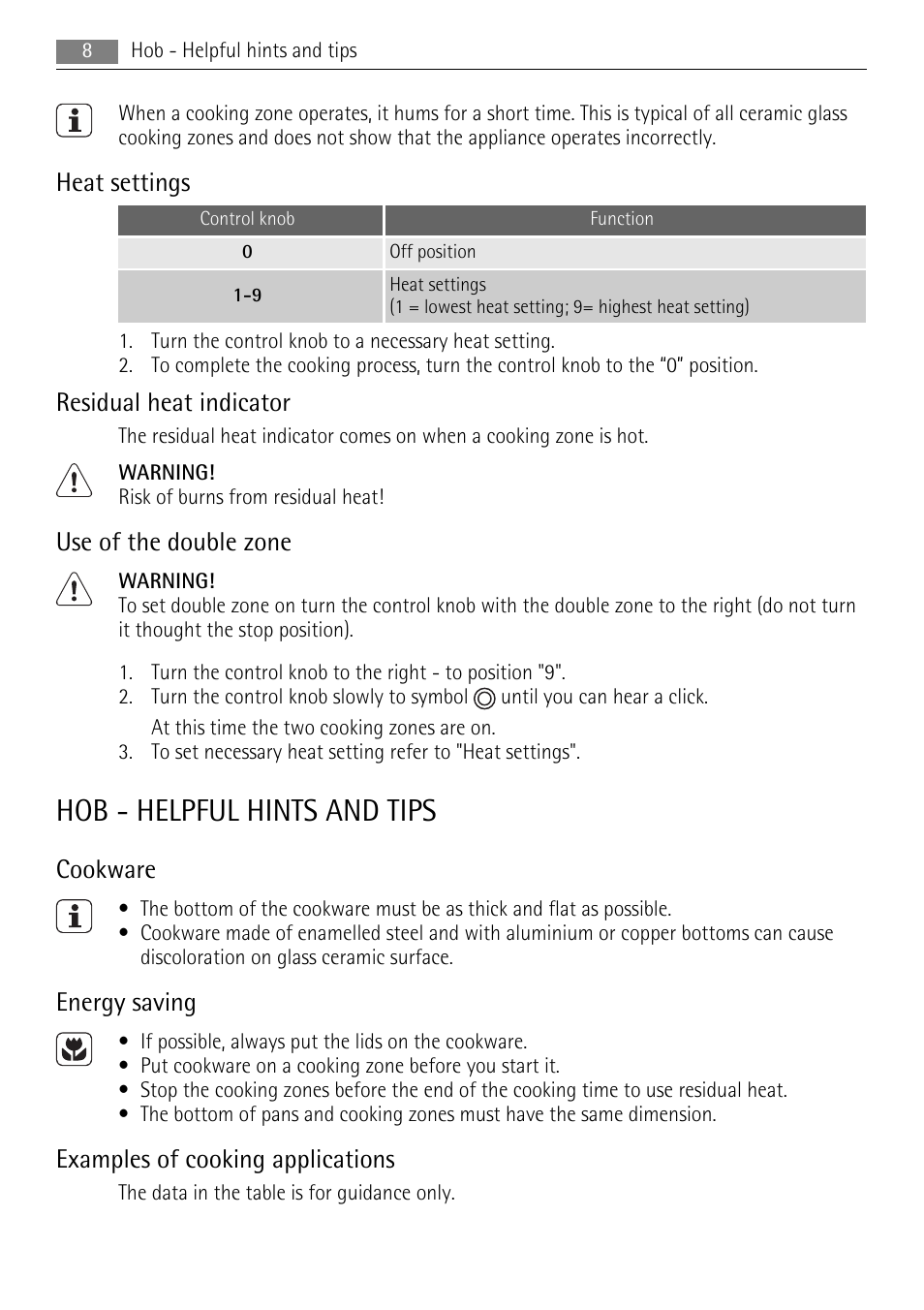 Hob - helpful hints and tips, Heat settings, Residual heat indicator | Use of the double zone, Cookware, Energy saving, Examples of cooking applications | Electrolux 40036VI-WN User Manual | Page 8 / 32