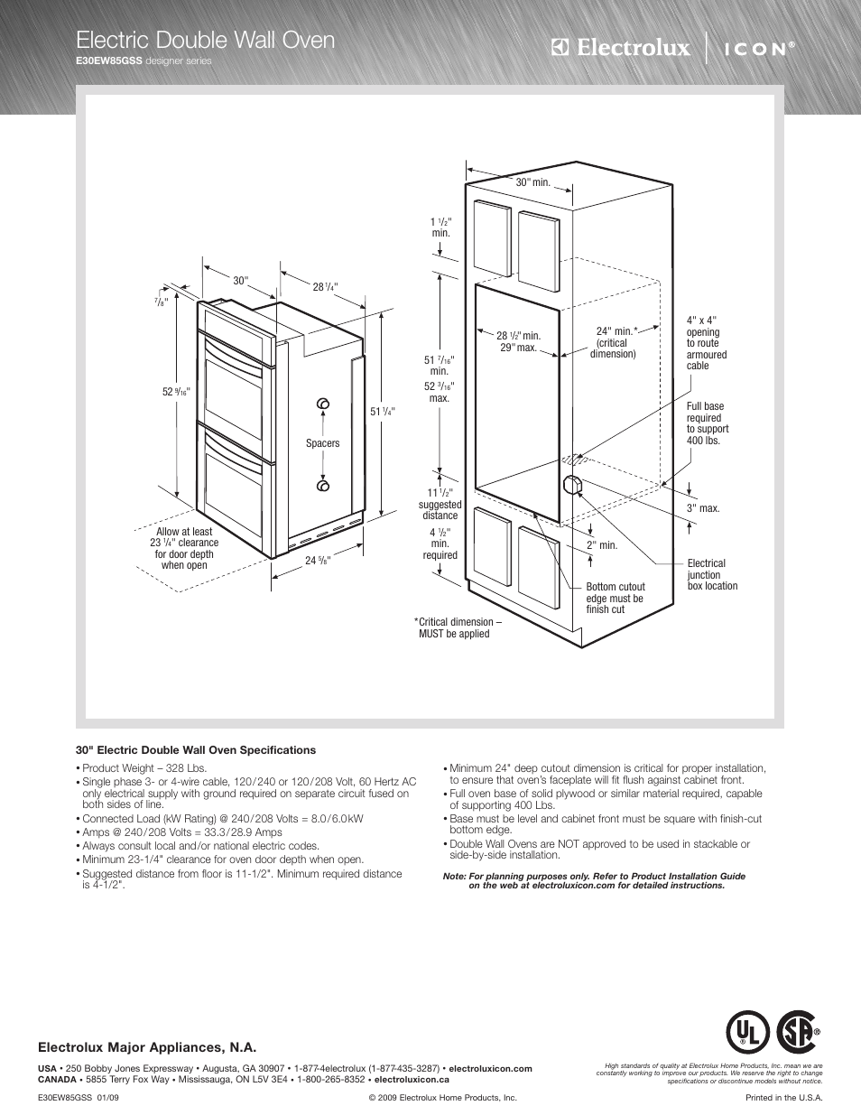 Electric double wall oven, Electrolux major appliances, n.a | Electrolux WAVE-TOUCH E30EW85GSS User Manual | Page 2 / 2