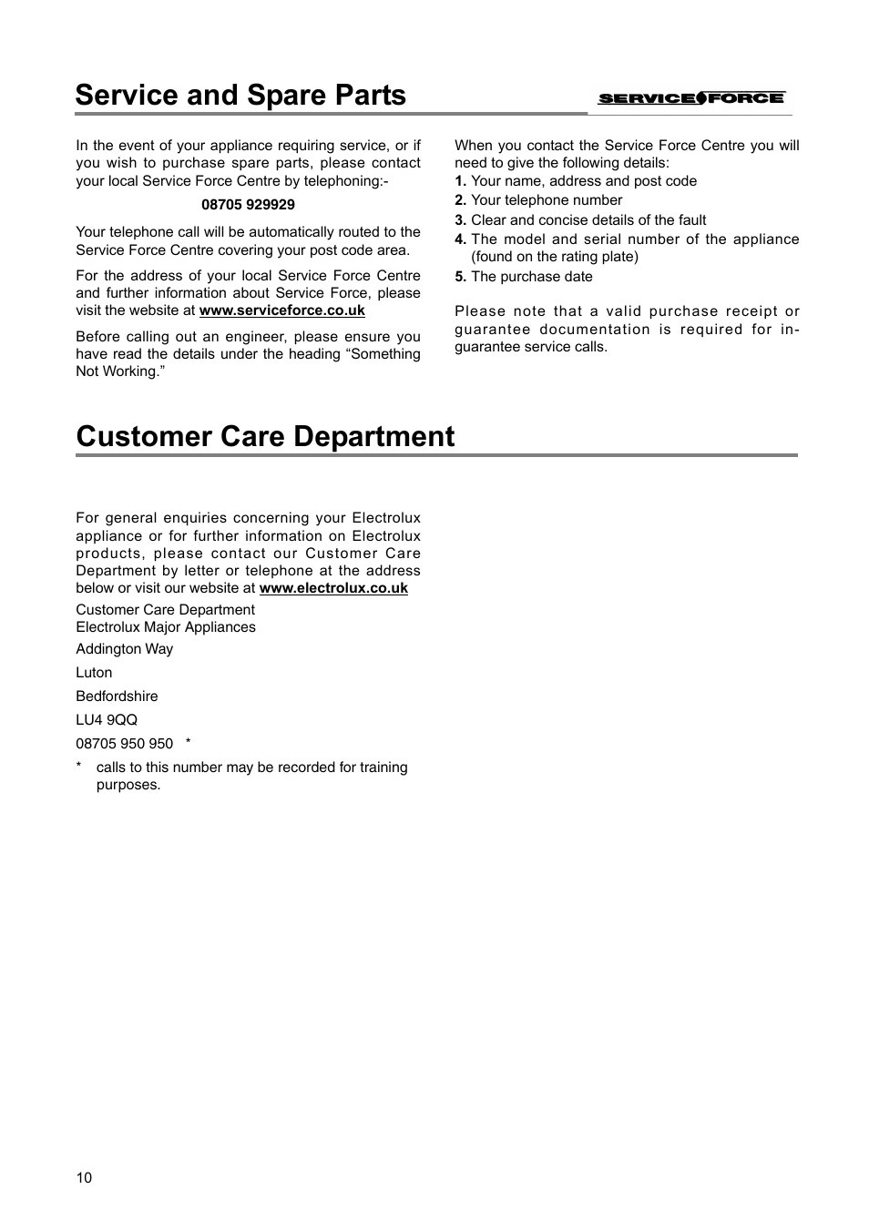 Service and spare parts customer care department | Electrolux 2222 784-01 User Manual | Page 10 / 20