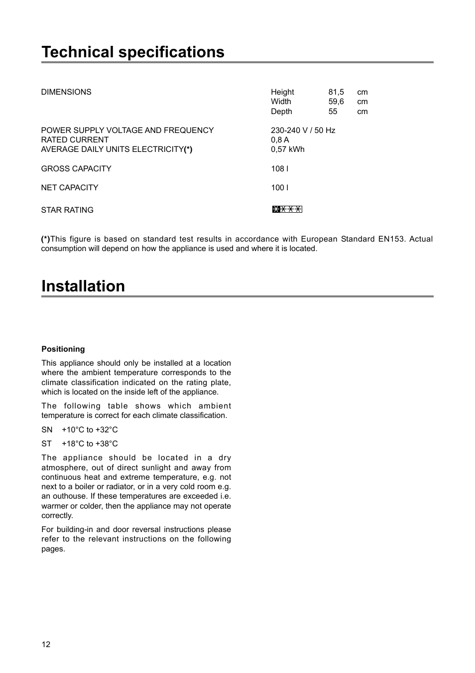 Technical specifications installation | Electrolux 2222 784-01 User Manual | Page 12 / 20