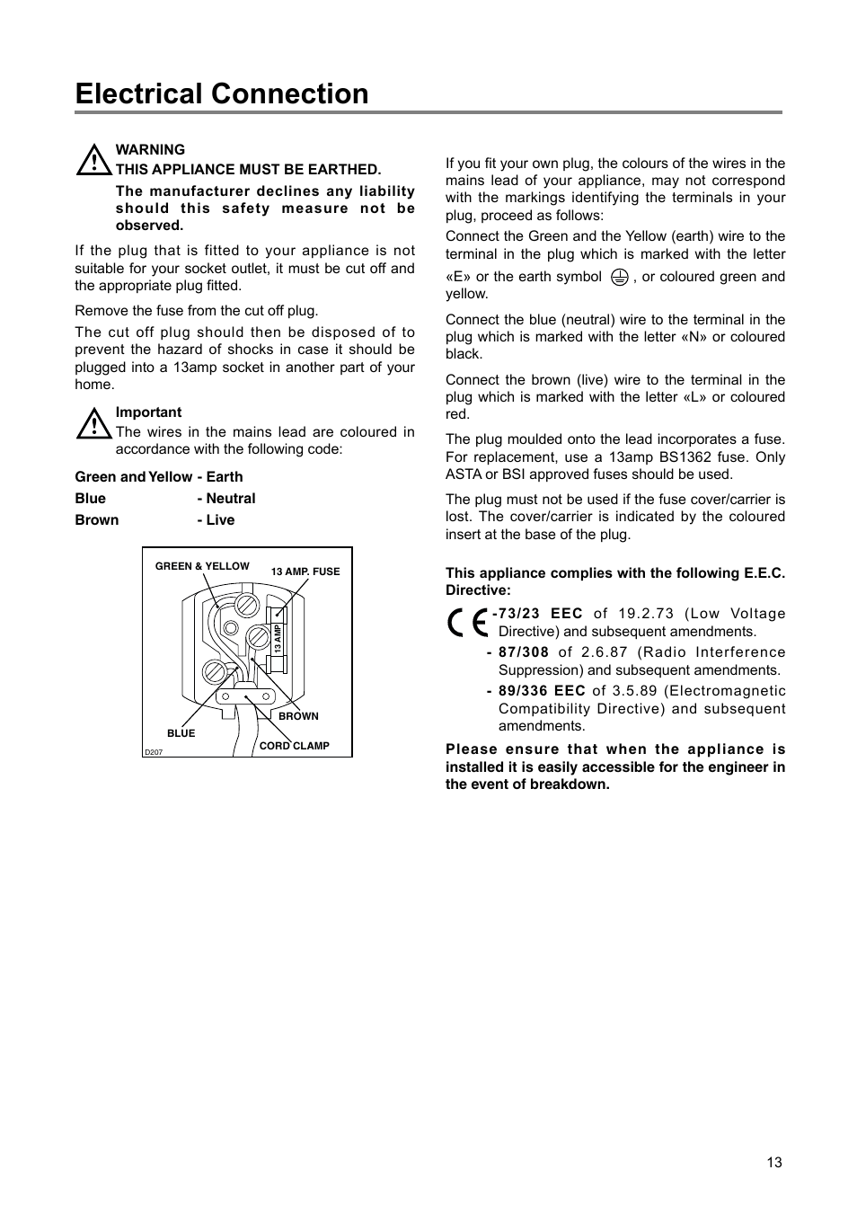 Electrical connection | Electrolux 2222 784-01 User Manual | Page 13 / 20