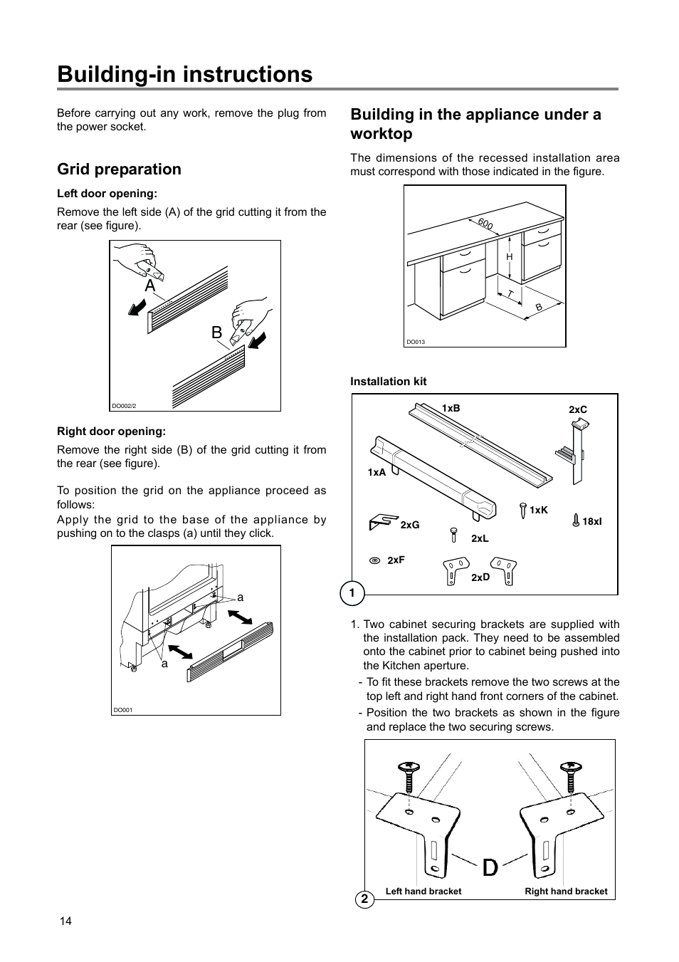 Building-in instructions, Grid preparation, Building in the appliance under a worktop | Electrolux 2222 784-01 User Manual | Page 14 / 20