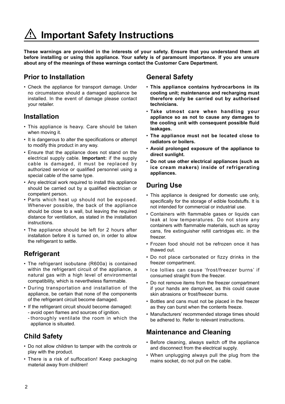 Important safety instructions, General safety, During use | Maintenance and cleaning, Prior to installation, Installation, Refrigerant, Child safety | Electrolux 2222 784-01 User Manual | Page 2 / 20