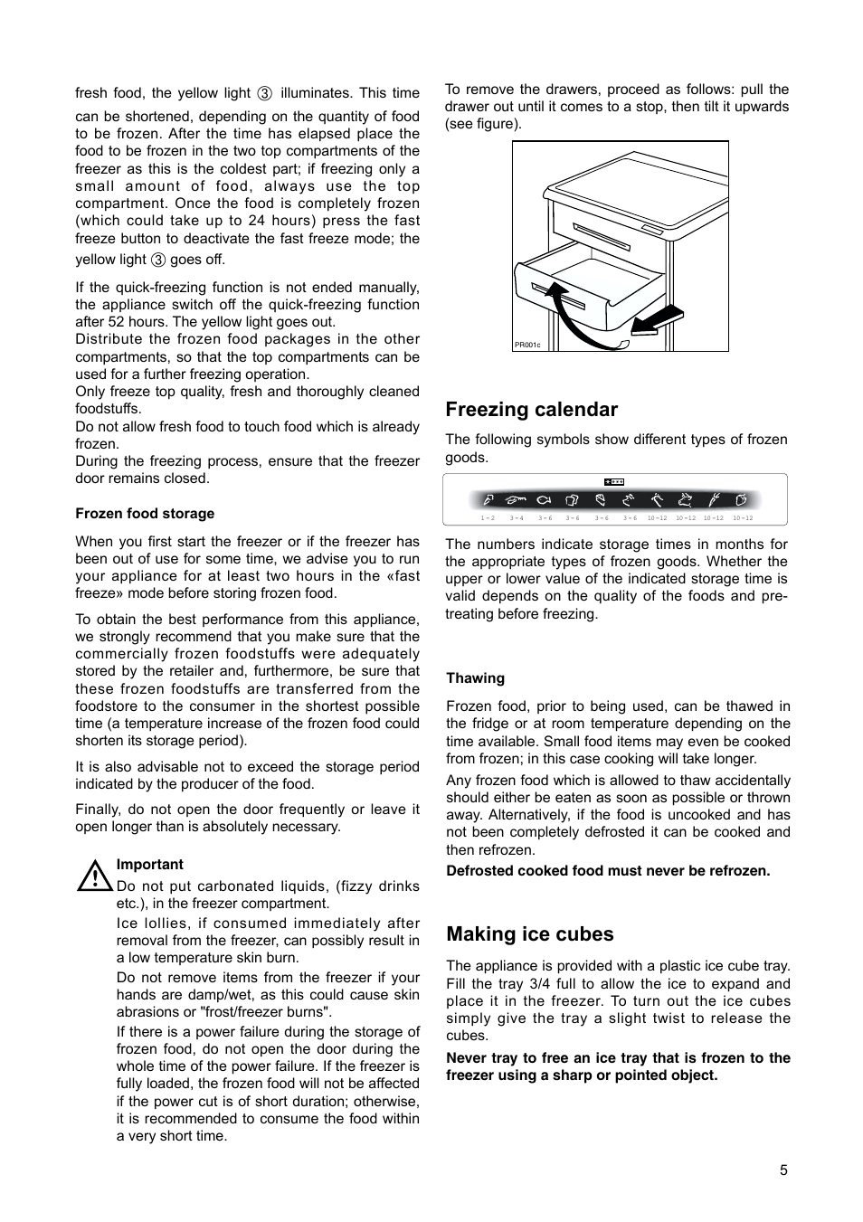 Making ice cubes, Freezing calendar | Electrolux 2222 784-01 User Manual | Page 5 / 20