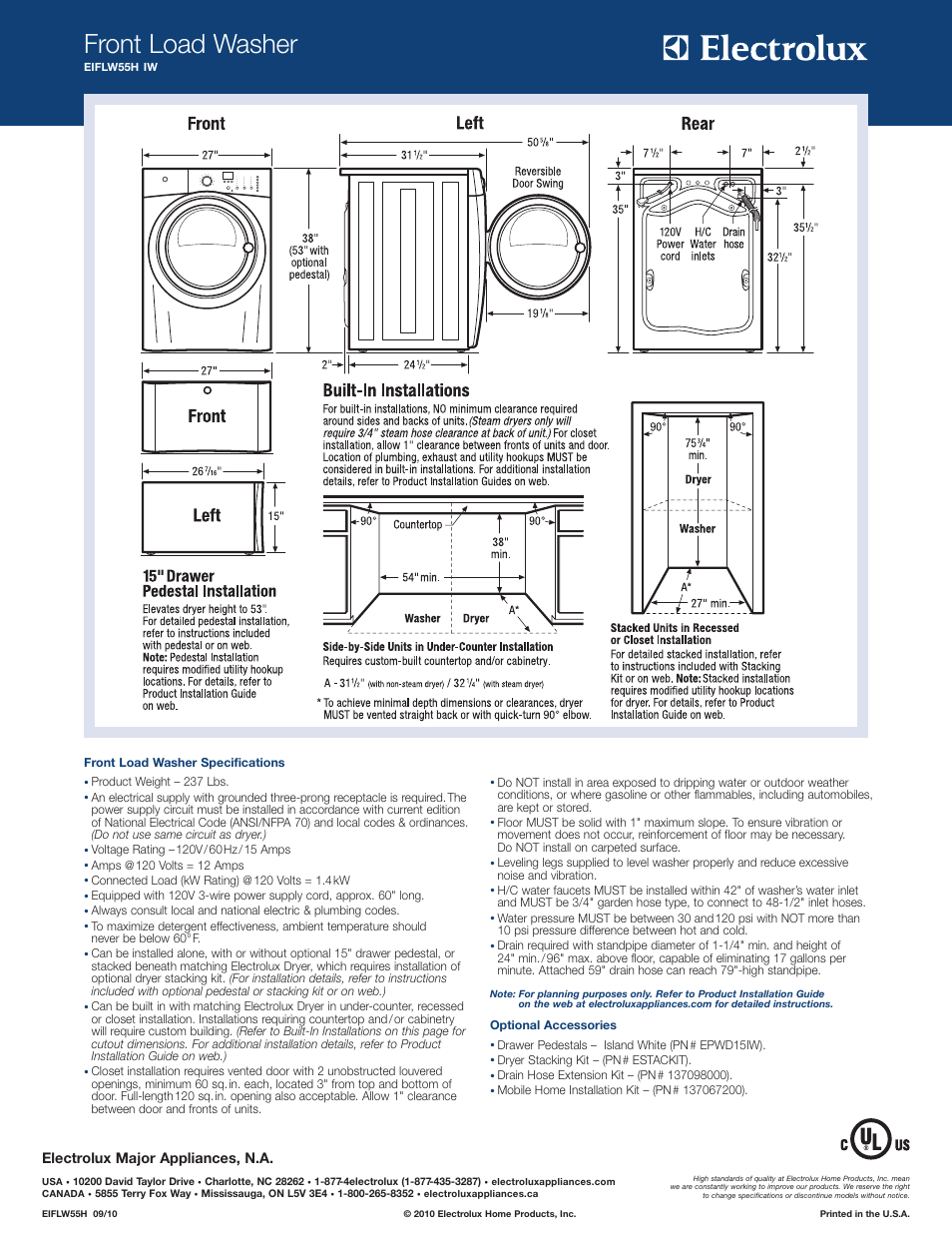 Front load washer, Electrolux major appliances, n.a | Electrolux EIFLW55HIW User Manual | Page 2 / 2