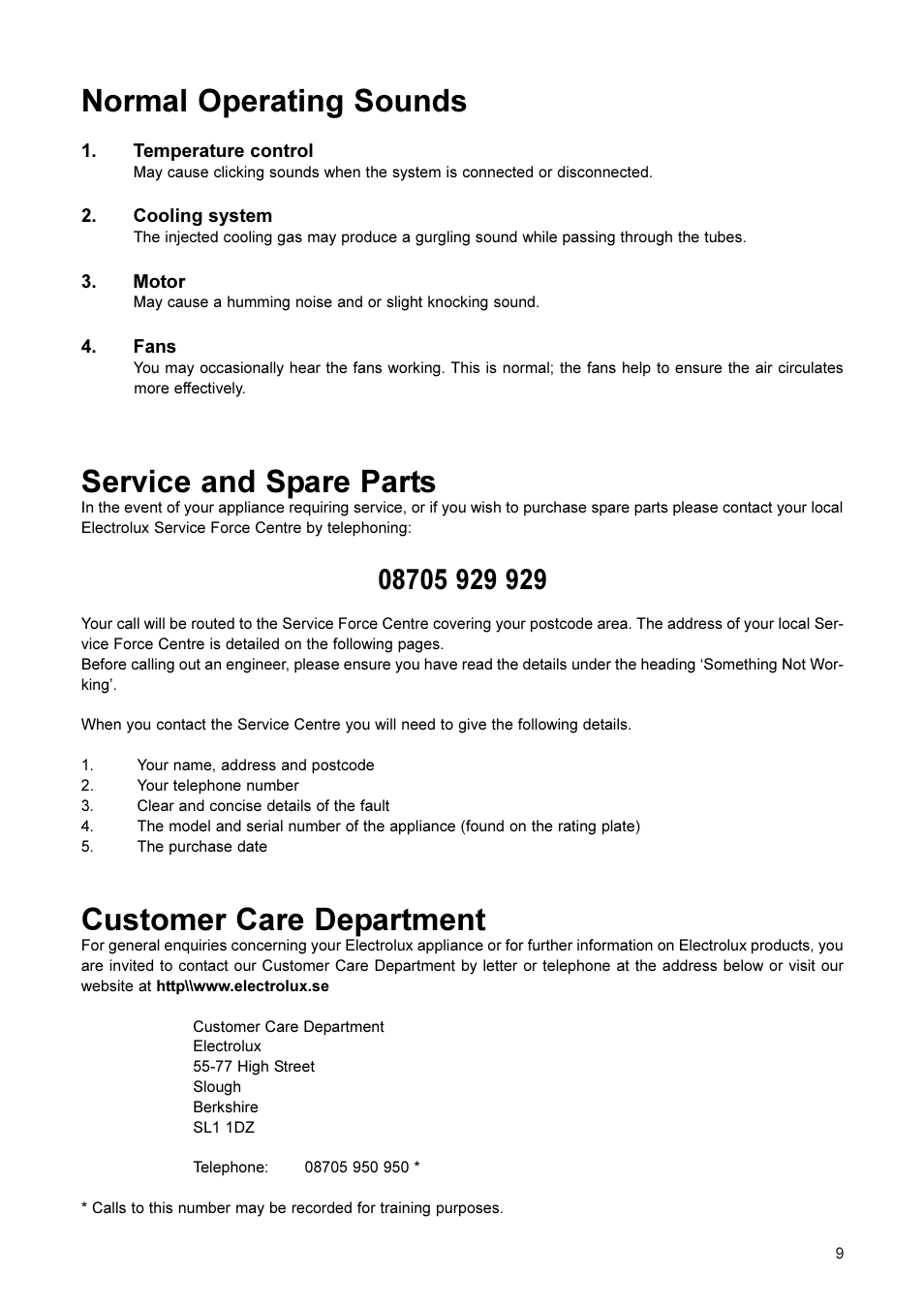 Normal operating sounds, Service and spare parts, Customer care department | Electrolux ER 2866 BN User Manual | Page 10 / 17