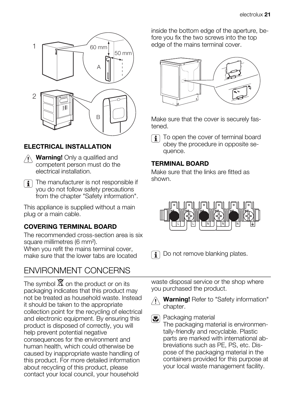 Environment concerns | Electrolux EKC603602 User Manual | Page 21 / 28