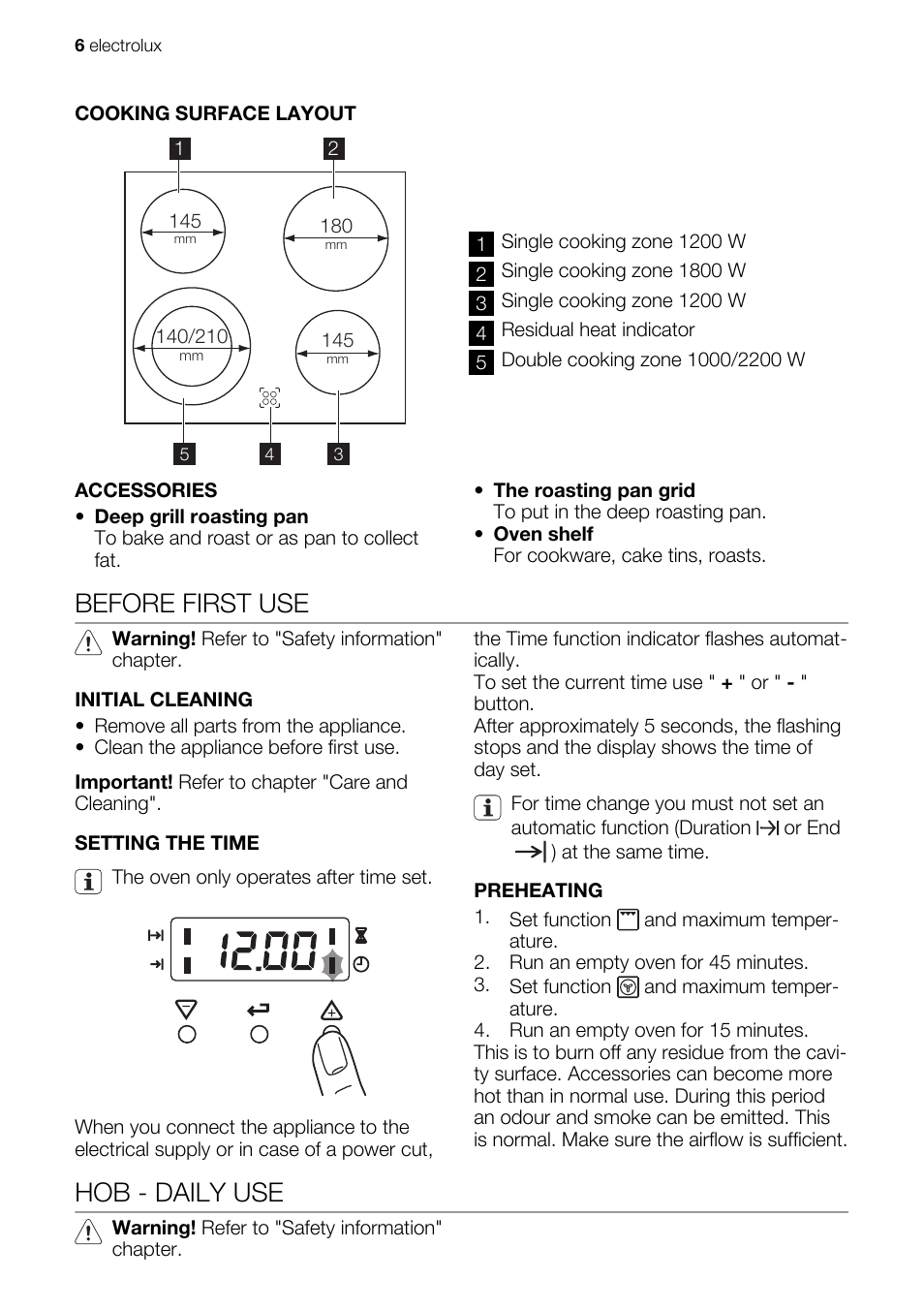 Before first use, Hob - daily use | Electrolux EKC603602 User Manual | Page 6 / 28