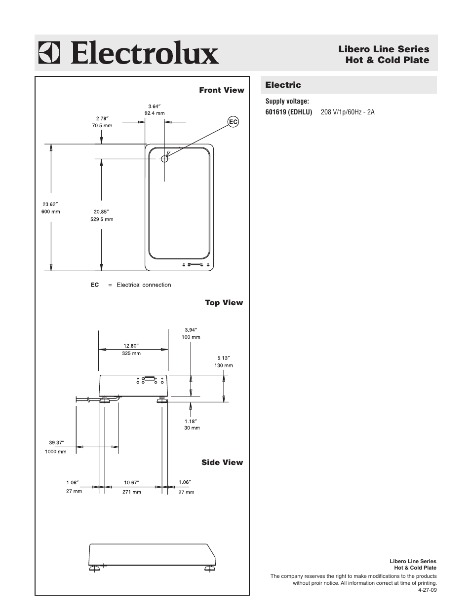 Libero line series hot & cold plate, Electric | Electrolux Libero Line EDHLU User Manual | Page 2 / 2