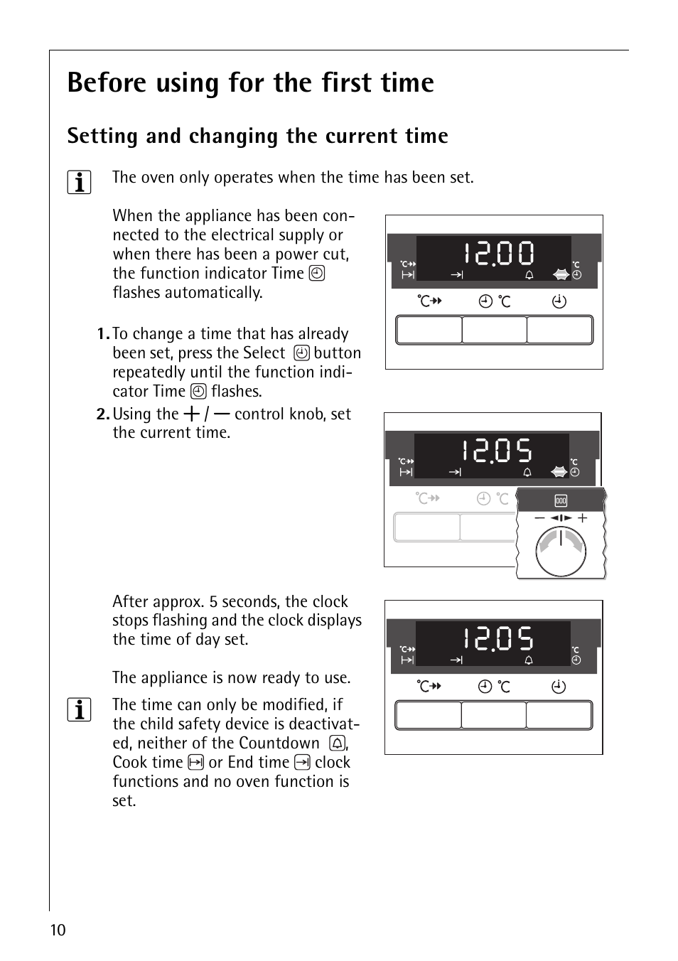 Before using for the first time, Setting and changing the current time | Electrolux B5741-4 User Manual | Page 10 / 60