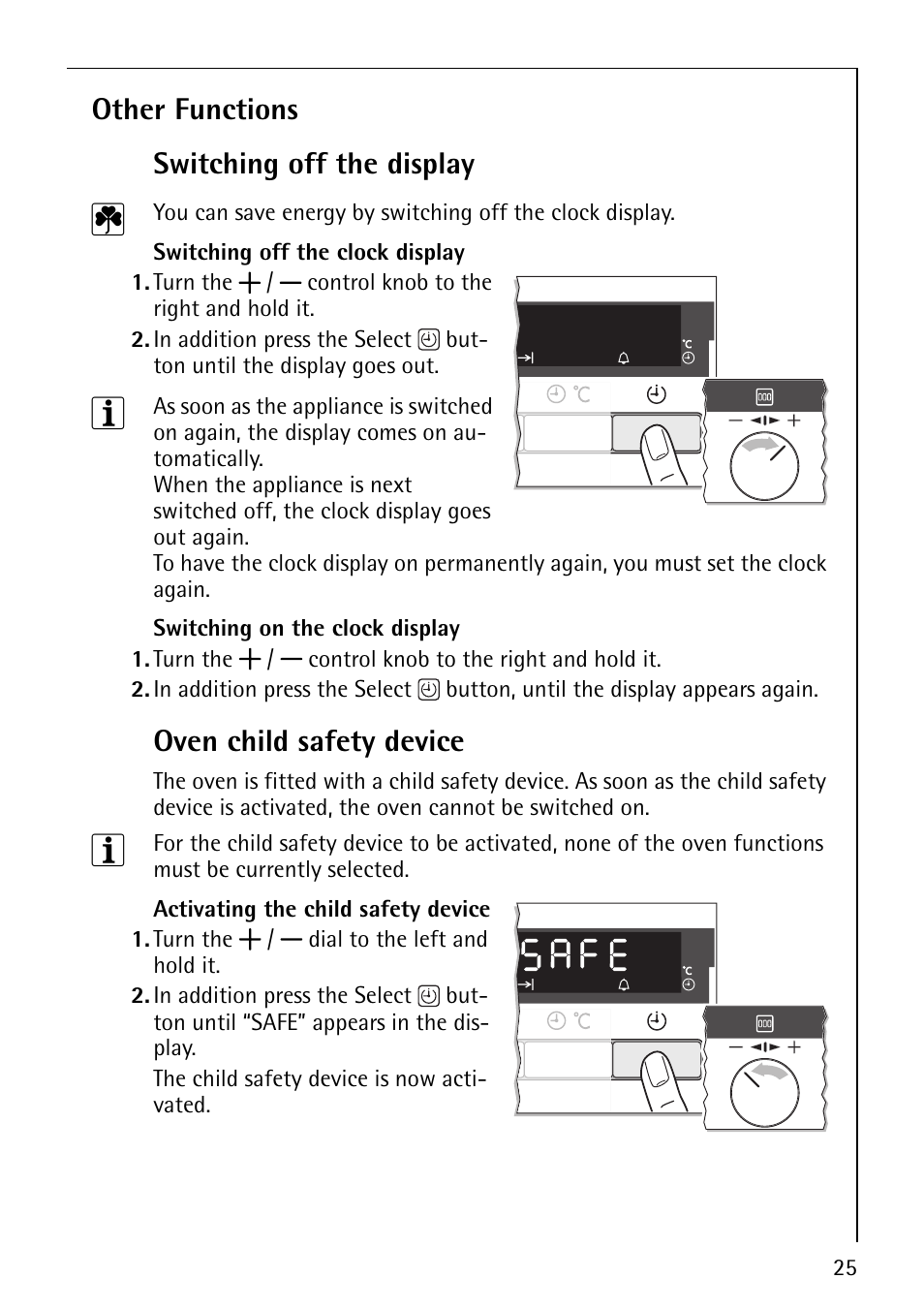 Other functions switching off the display, Oven child safety device | Electrolux B5741-4 User Manual | Page 25 / 60
