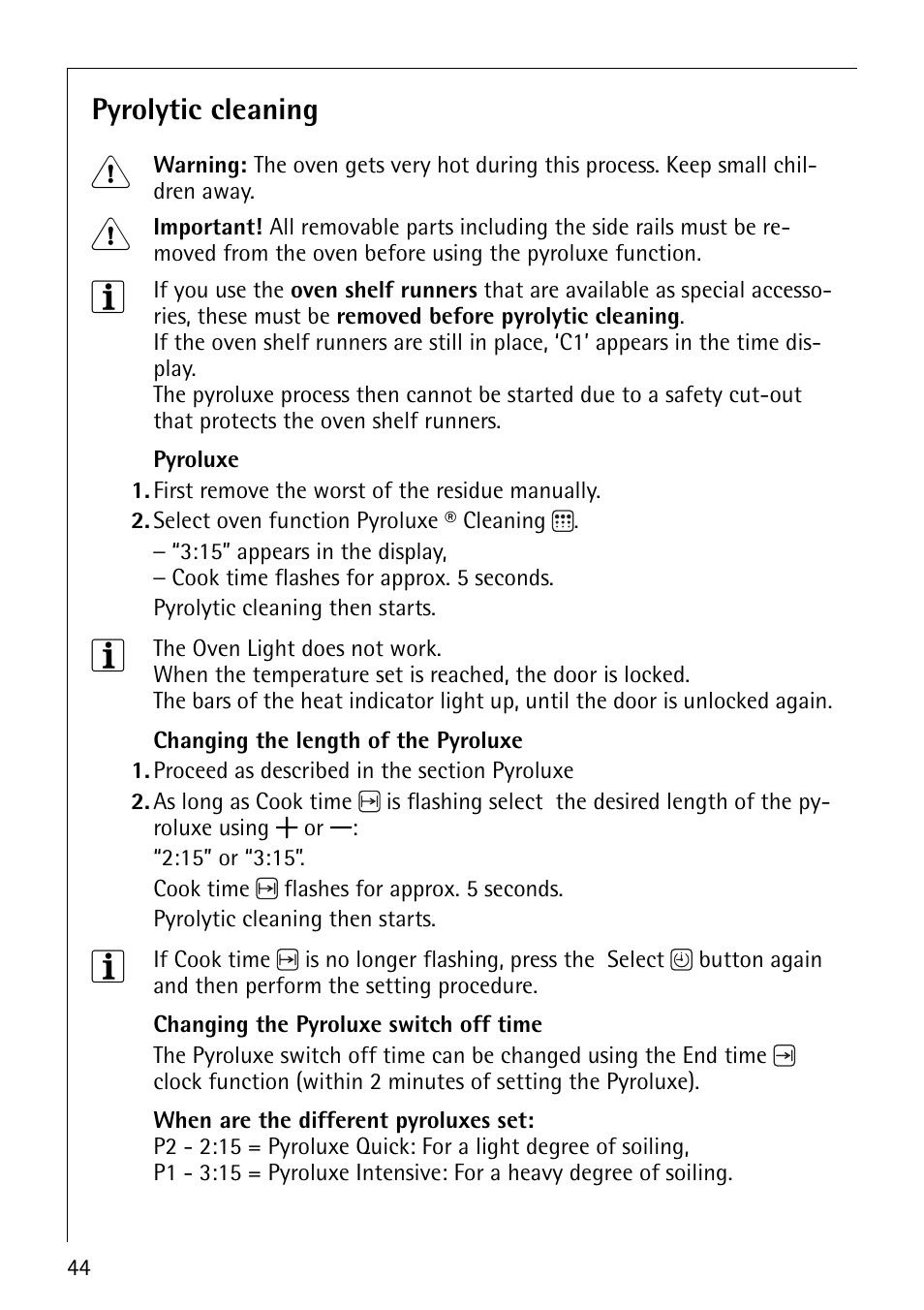 Pyrolytic cleaning | Electrolux B5741-4 User Manual | Page 44 / 60