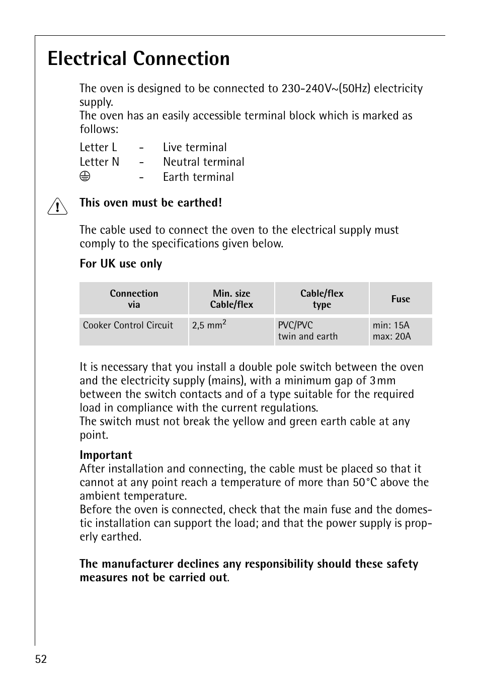 Electrical connection | Electrolux B5741-4 User Manual | Page 52 / 60