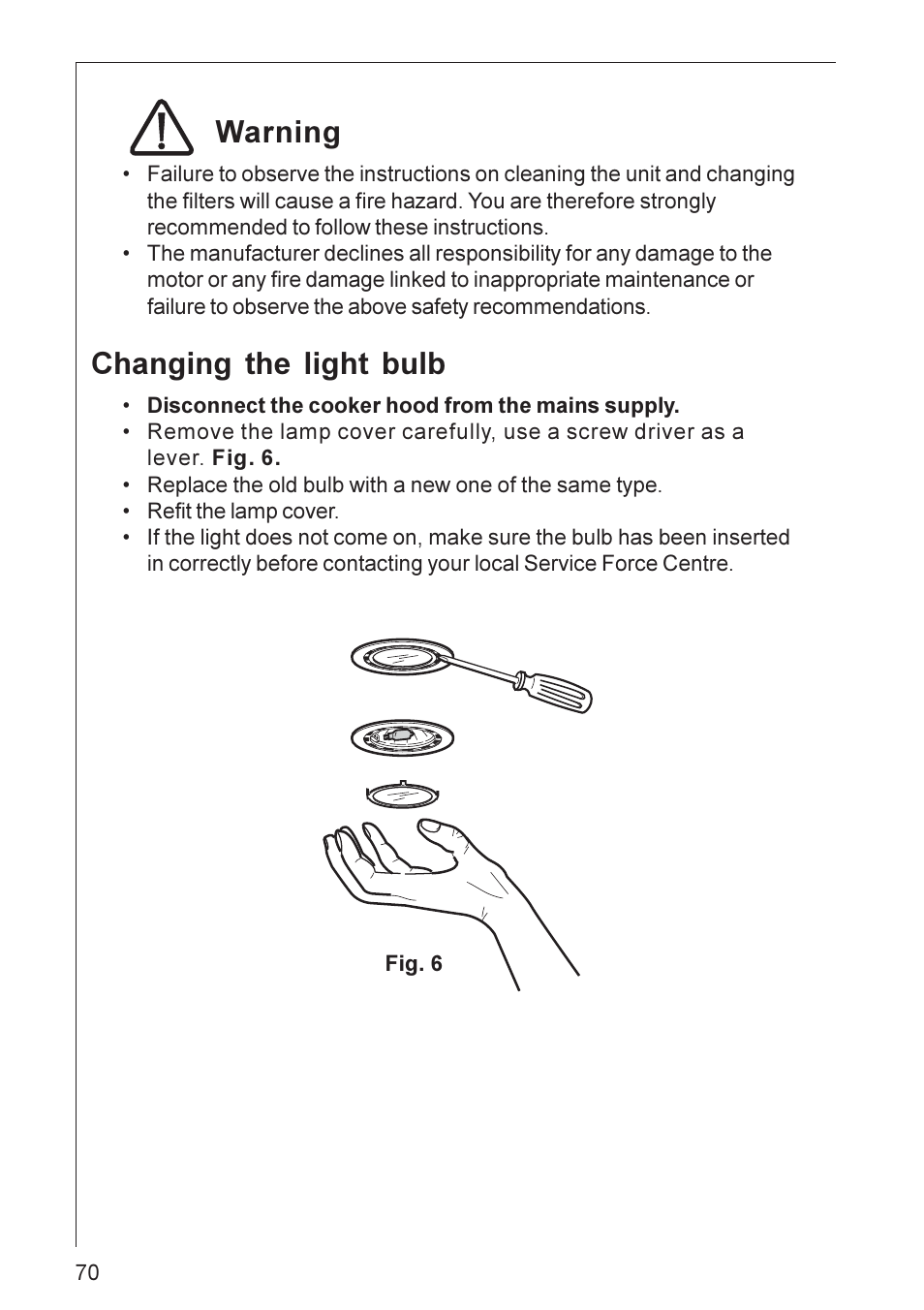 Warning, Changing the light bulb | Electrolux DI 8820 User Manual | Page 11 / 21