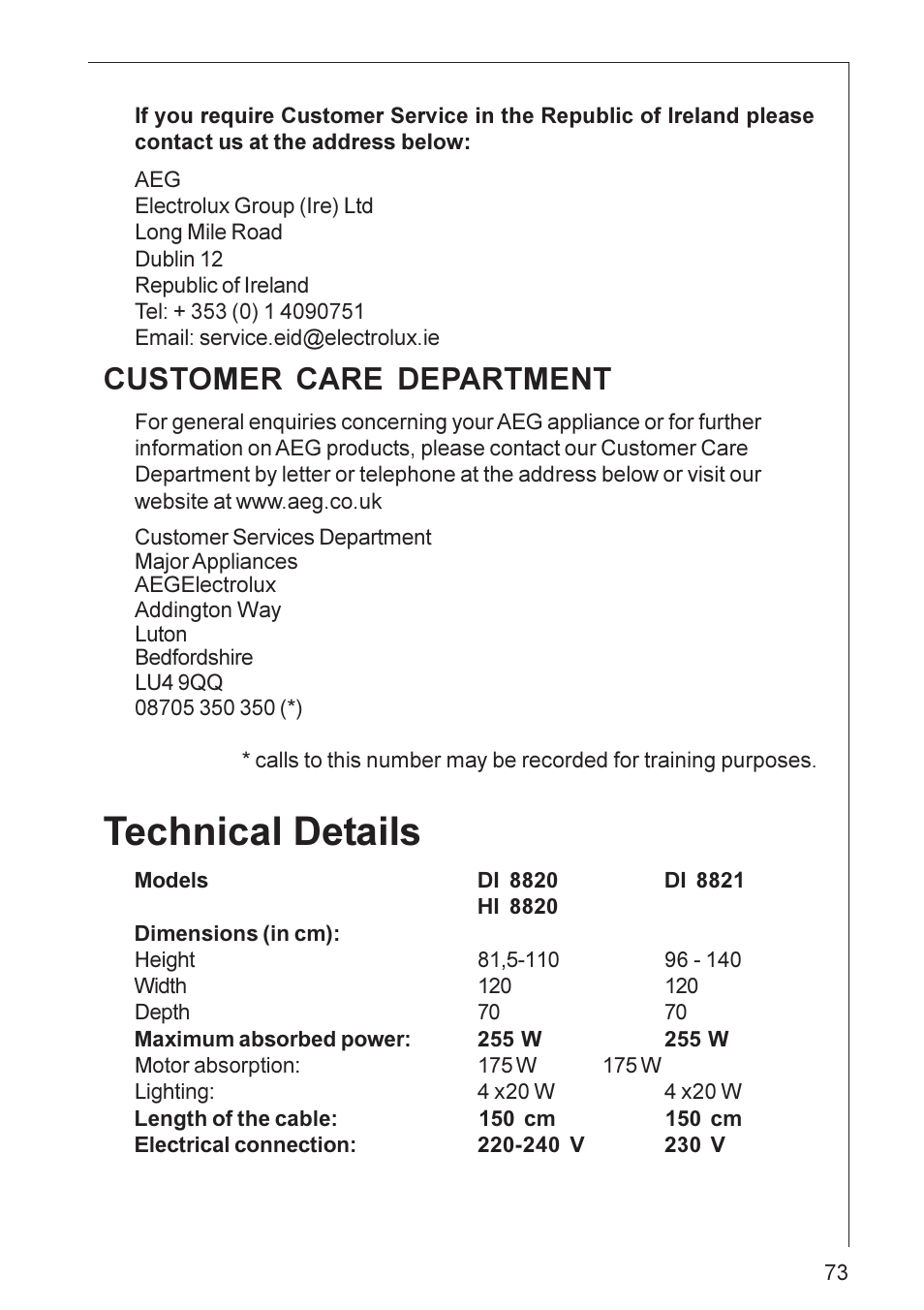 Technical details, Customer care department | Electrolux DI 8820 User Manual | Page 14 / 21
