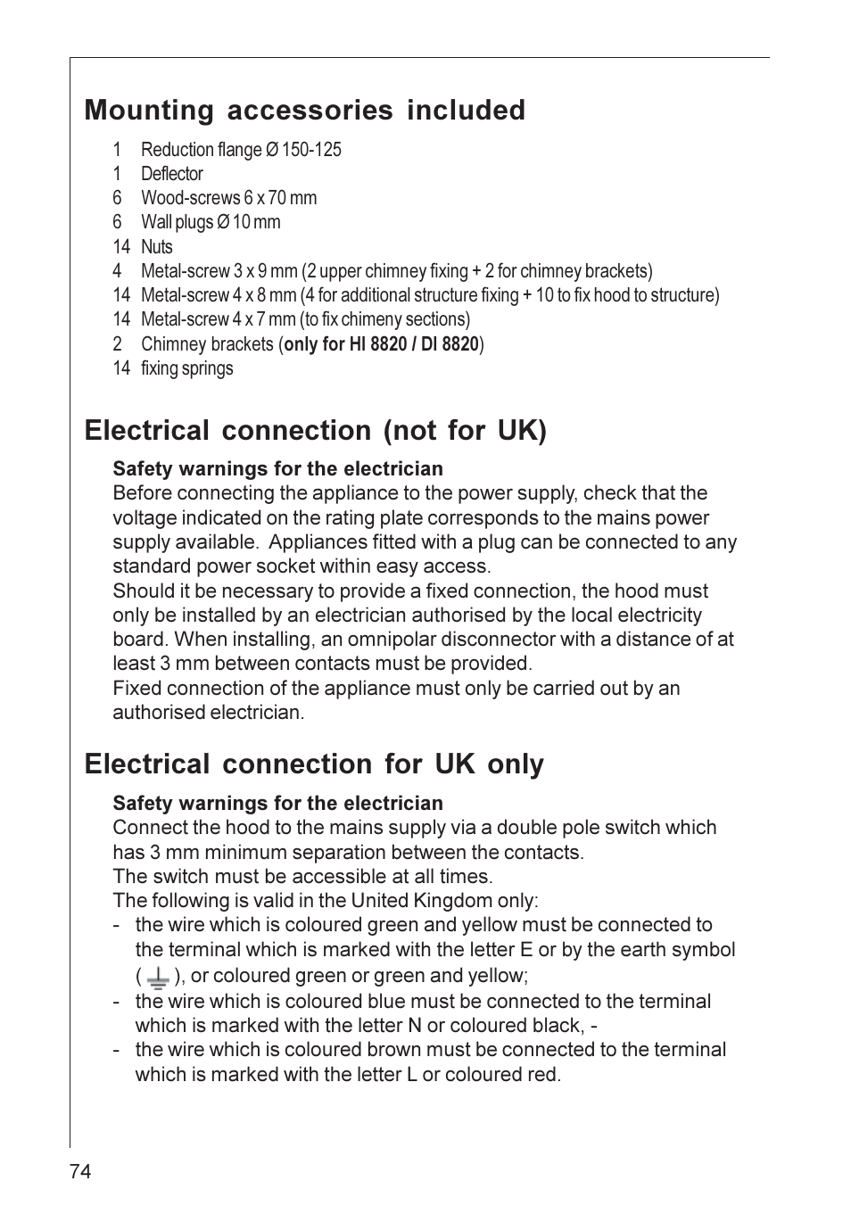 Mounting accessories included, Electrical connection (not for uk), Electrical connection for uk only | Electrolux DI 8820 User Manual | Page 15 / 21