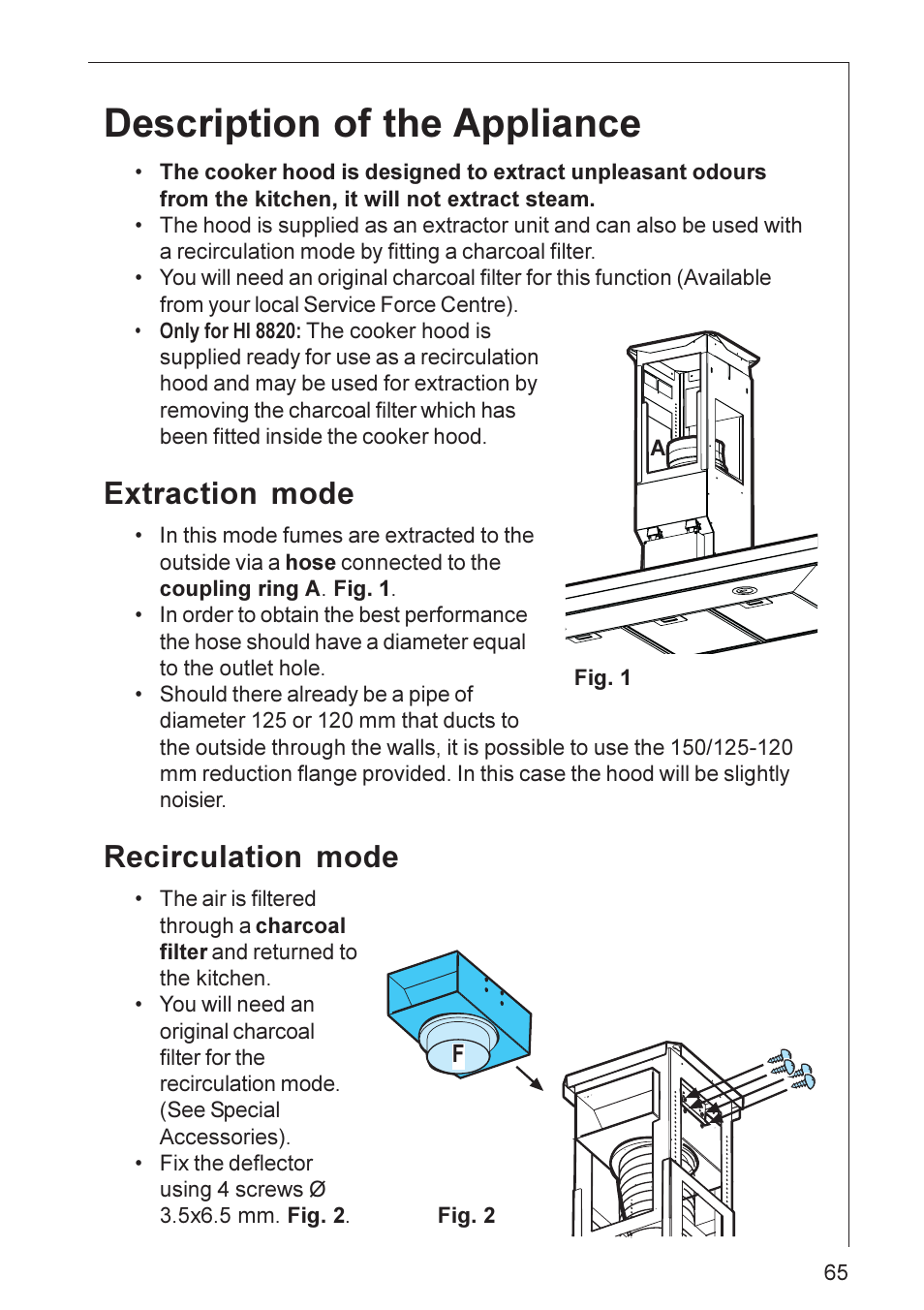 Description of the appliance, Extraction mode, Recirculation mode | Electrolux DI 8820 User Manual | Page 6 / 21