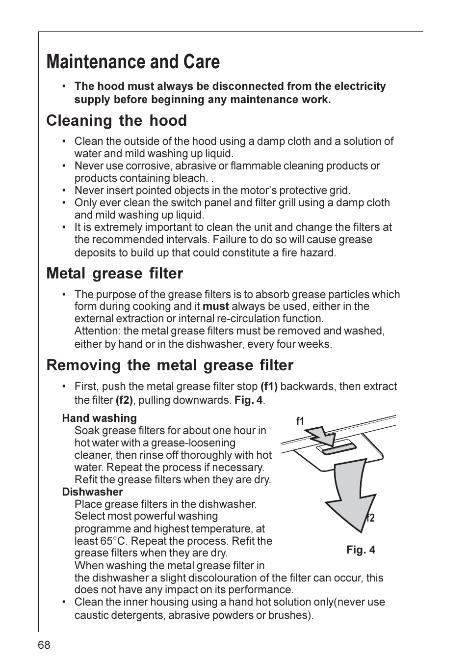 Maintenance and care, Cleaning the hood, Metal grease filter | Removing the metal grease filter | Electrolux DI 8820 User Manual | Page 9 / 21