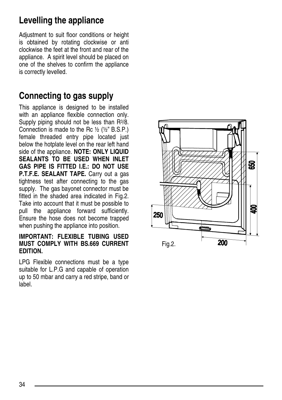 Levelling the appliance, Connecting to gas supply | Electrolux ZCG5300 User Manual | Page 34 / 40