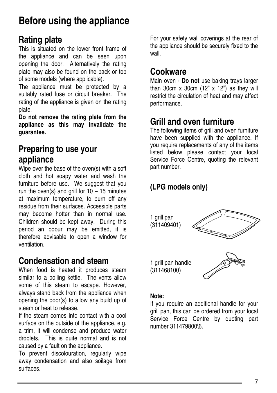 Before using the appliance, Rating plate, Preparing to use your appliance | Condensation and steam, Cookware, Grill and oven furniture, Lpg models only) | Electrolux ZCG5300 User Manual | Page 7 / 40