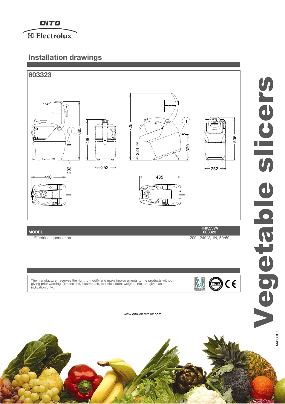 Vegetable slicers, Installation drawings | Electrolux TRK55VV User Manual | Page 4 / 4