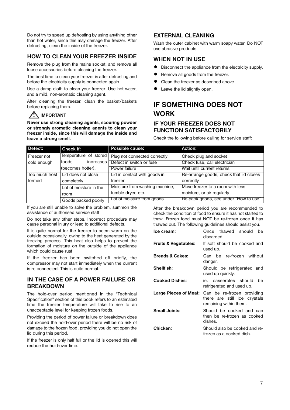 If something does not work, How to clean your freezer inside, External cleaning | When not in use, If your freezer does not function satisfactorily | Electrolux ECN 1051 User Manual | Page 7 / 12