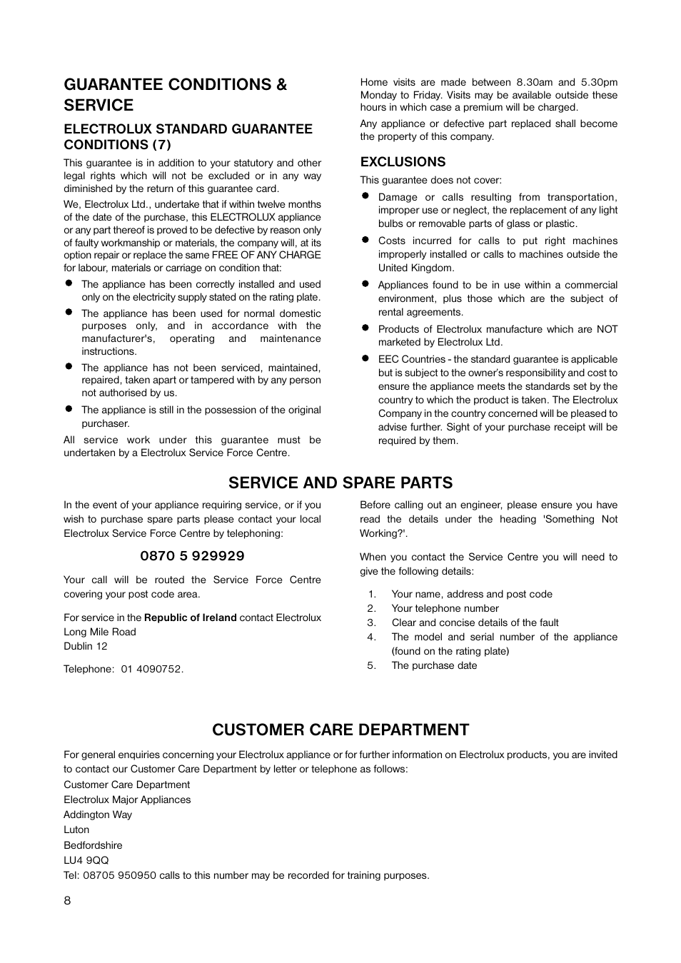 Guarantee conditions & service, Customer care department, Service and spare parts | Electrolux ECN 1051 User Manual | Page 8 / 12