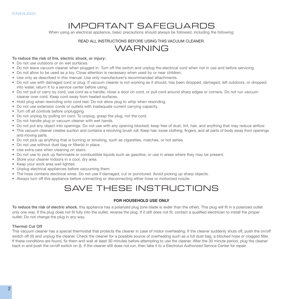 Important safeguards, Warning, Save these instructions | Electrolux EL7000A User Manual | Page 2 / 16