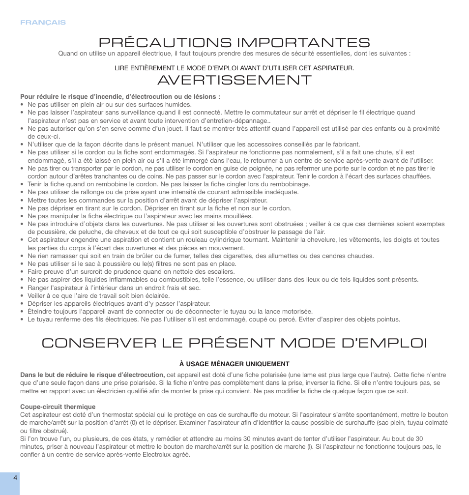 Précautions importantes, Avertissement, Conserver le présent mode d’emploi | Electrolux EL7000A User Manual | Page 4 / 16