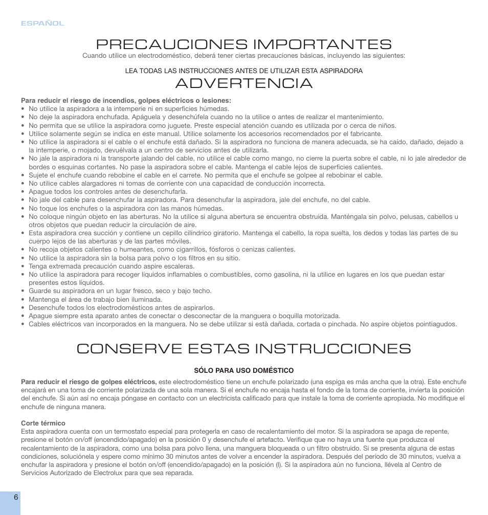 Precauciones importantes, Advertencia, Conserve estas instrucciones | Electrolux EL7000A User Manual | Page 6 / 16