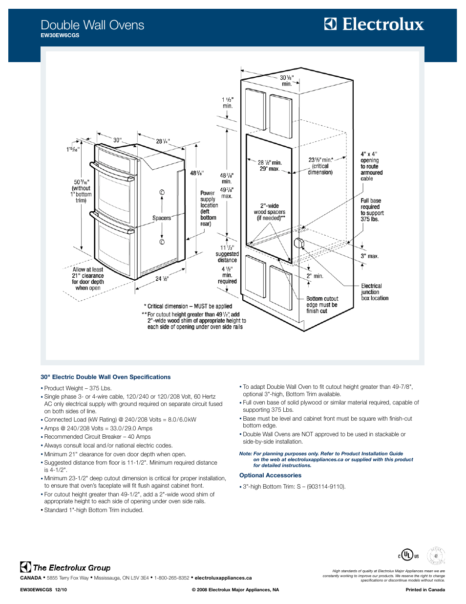 Double wall ovens | Electrolux EW30EW6CGS User Manual | Page 2 / 2