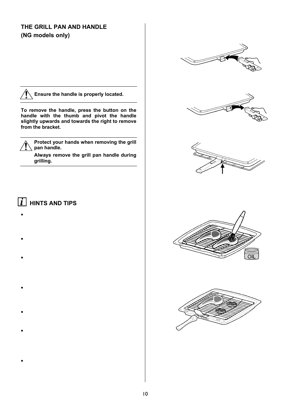 The grill pan and handle (ng models only), Hints and tips | Electrolux EKG5047 User Manual | Page 10 / 32