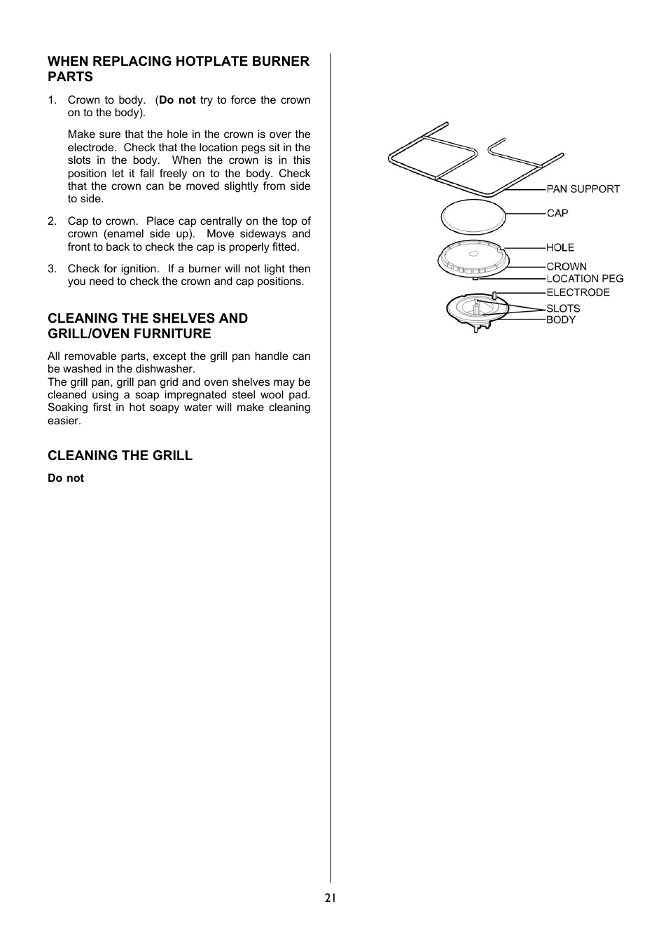 When replacing hotplate burner parts, Cleaning the shelves and grill/oven furniture, Cleaning the grill | Electrolux EKG5047 User Manual | Page 21 / 32