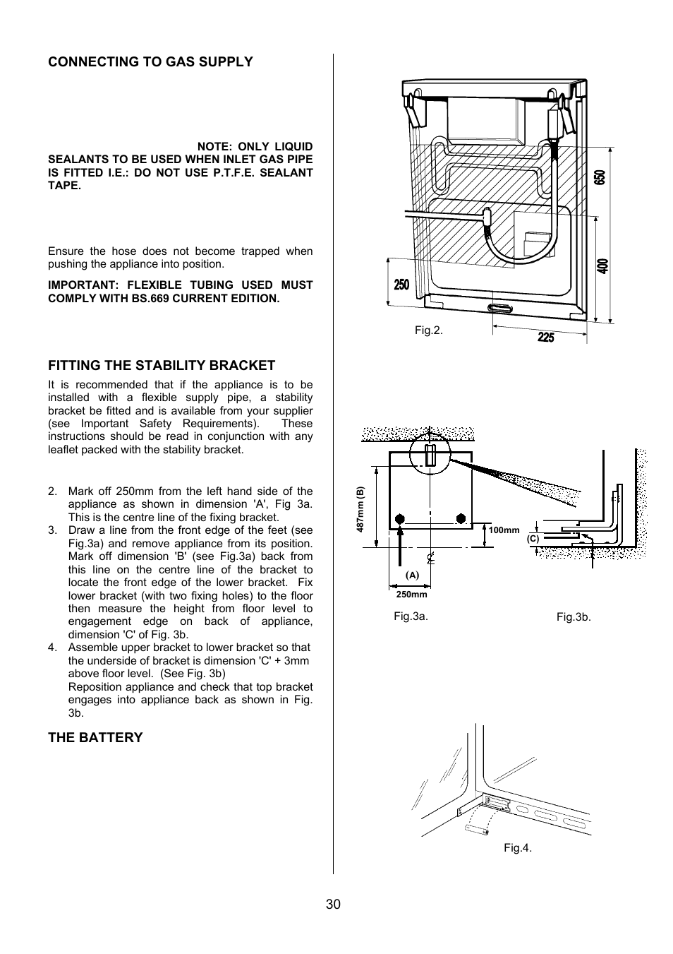 30 connecting to gas supply, Fitting the stability bracket, The battery | Electrolux EKG5047 User Manual | Page 30 / 32