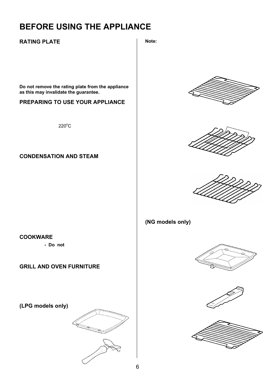 Before using the appliance, Rating plate, Preparing to use your appliance | Condensation and steam, Cookware, Grill and oven furniture, Lpg models only), Ng models only) | Electrolux EKG5047 User Manual | Page 6 / 32