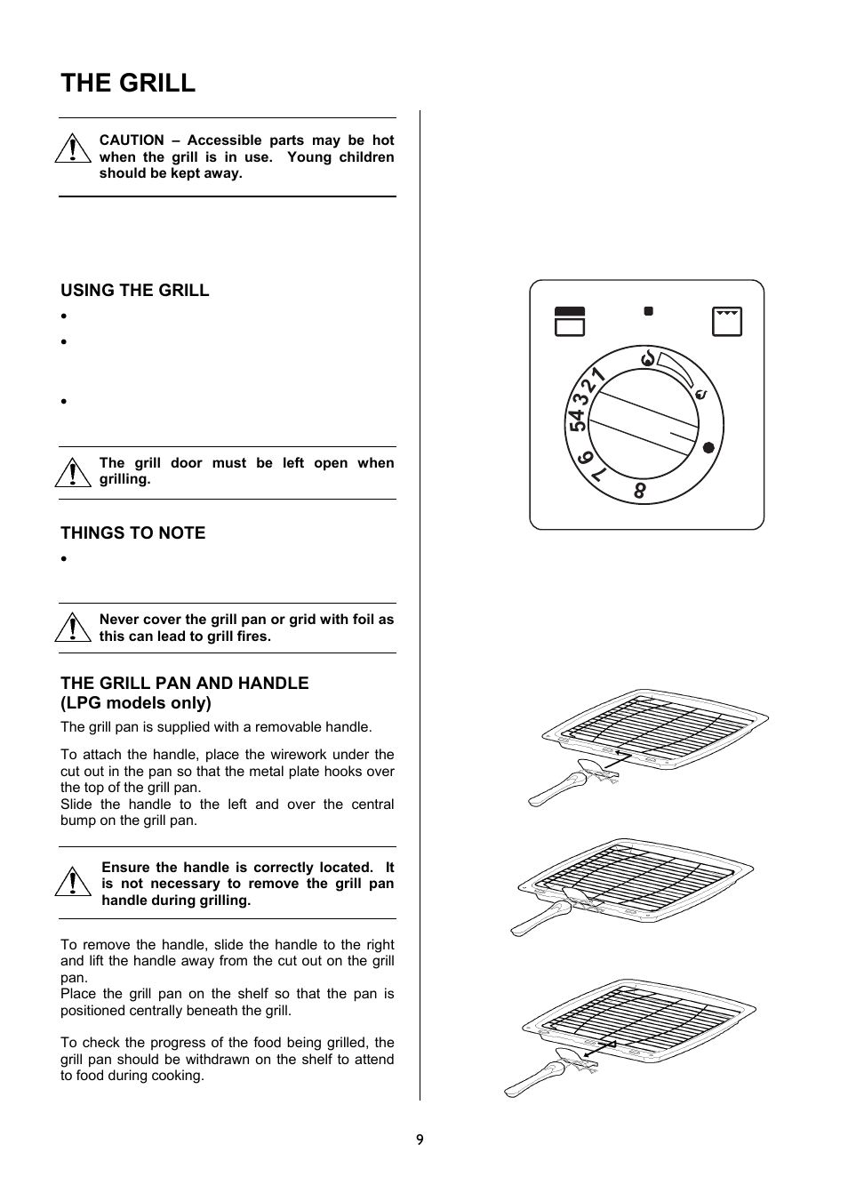 The grill, Using the grill, The grill pan and handle (lpg models only) | Electrolux EKG5047 User Manual | Page 9 / 32