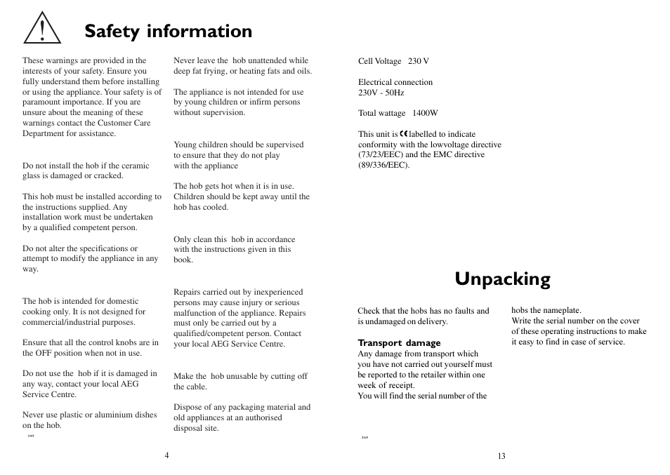 Safety information, Unpacking | Electrolux 231GR-M User Manual | Page 4 / 8